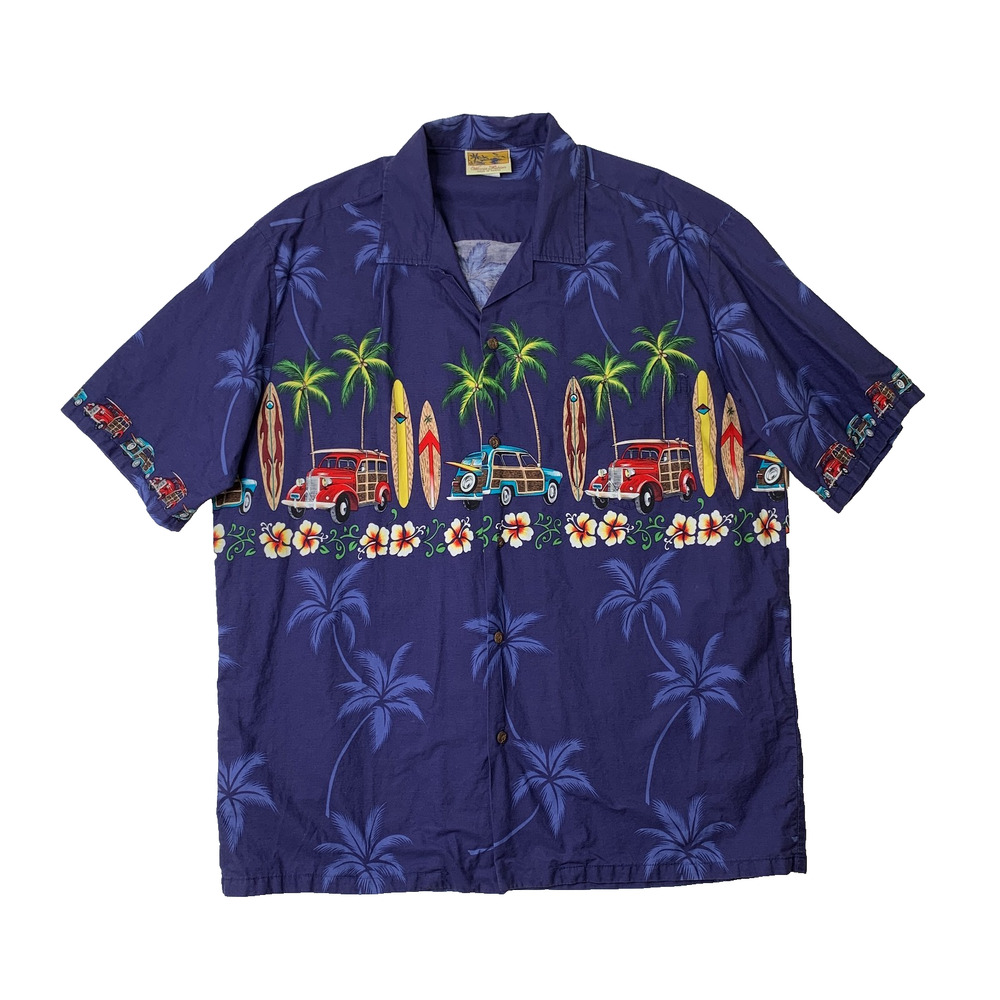 Vintage Winnie Fashion Shirt Mens 2XL Navy Woody Cars Surf Wagon Hawaiian USA